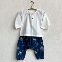 White Kurta + Zoo Print Indigo Pants