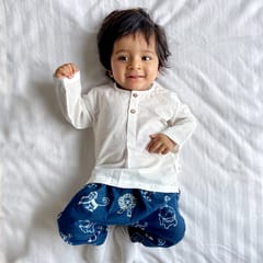 White Kurta + Zoo Print Indigo Pants