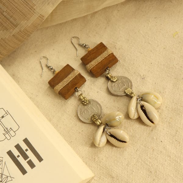 Wood & Repurposed Coin Earrings