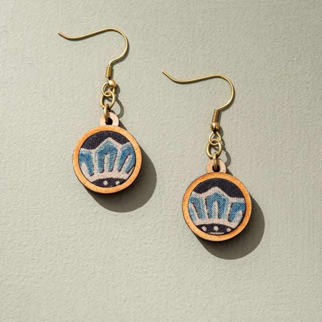 Blue Black Ajrakh Fabric and Repurposed Wood Earrings