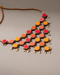 Red and Orange Upcycled Fabric and Repurposed Wood Adjustable Statement Necklace