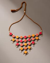 Red and Orange Upcycled Fabric and Repurposed Wood Adjustable Statement Necklace