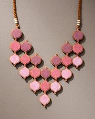 Shades of Pink Repurposed Fabric and Wood Statement Necklace with Adjustable Length