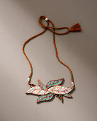 Turquoise White Bloom Leaf Motif Upcycled Fabric and Repurposed Wood Necklace