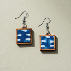 Indigo Upcycled Fabric and Repurposed Wood Square Earrings