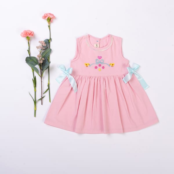 Girls Pink Duck Bow Embroidered Emma Dress