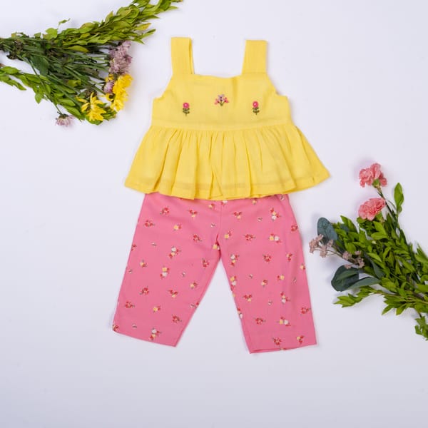 Girls Yellow & Pink Floral Co Ord Set