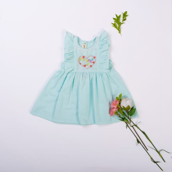 Girls Powder Blue Heart Embroidered Dress