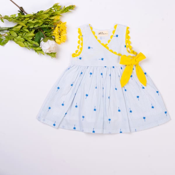 Girls Yellow Side Bow Palm Print Holiday Dress