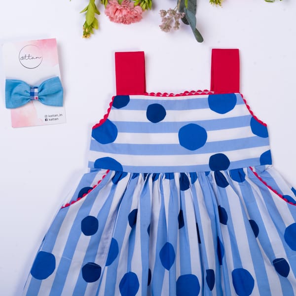 Girls Strappy Stripes Blue Polka Dots Dress